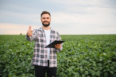 Mutlu tarım uzmanı panoyu tutarken ve soya fasulyesi tarlasında mahsulleri incelerken işaret veriyor.