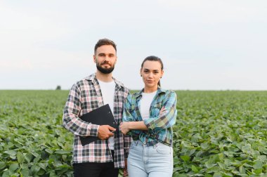İki kendinden emin çiftçi soya fasulyesi tarlasında elinde bir pano ile mahsulün büyümesini değerlendiriyor.
