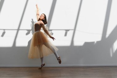 Genç zarif balerin, dans stüdyosunda bale hareketleri yapıyor. Duvara sanatsal gölgeler düşüren doğal ışıkla aydınlatılıyor.