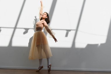 Bir dans stüdyosunda çalışan balerin, doğal ışıkla aydınlatılmış, zarif hareketlerini ve sanatsal ifadesini sergiliyor.