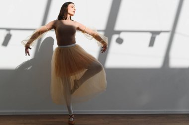 Zarif balerin bir dans stüdyosunda bale yapıyor, büyük bir pencereden doğal ışıkla banyo yapıyor, duvarda sanatsal gölgeler yaratıyor.