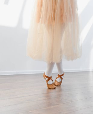 Balerin kız, şeftali rengi etek, beyaz tayt ve kahverengi bale ayakkabıları giyerek dans stüdyosunda bale adımları çalışıyor.