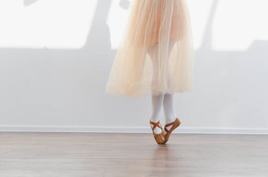 Genç balerin, parlak bir dans stüdyosunda dans adımları çalışıyor. Zarafet ve zarafet sergiliyor.