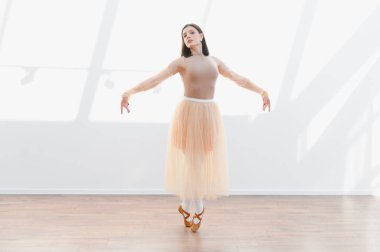 Genç balerin, güneşli bir stüdyoda bale çalışıyor. Dans hareketlerinde zarafet ve duruş sergiliyor.