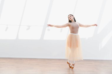 Genç balerin, güneşli bir stüdyoda zarif bir dans gösterisi sergiliyor. Balenin zarafetini ve adanmışlığını sergiliyor.