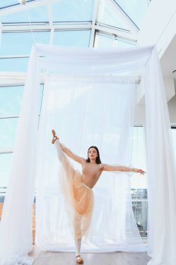 Genç bayan balerin parlak bir dans stüdyosunda bacağının kırılması için alıştırma yapıyor. Esneklik ve denge gösterisi yapıyor. Akan perdeler ve tavan penceresinden gelen doğal ışık arasında.