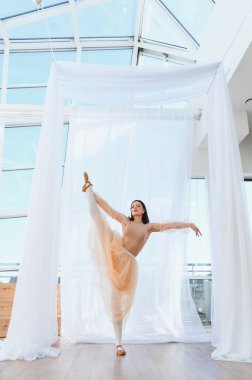 Zarif balerin, beyaz perdeli, kendini adamış ve esnekliğini gösteren parlak bir dans stüdyosunda bacak egzersizi yapıyor.