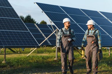 İki mühendis, güneş enerjisi santralinde fotovoltaik panellerle iş konuşarak yürüyorlar.