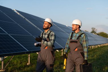 İki erkek mühendis güneş enerjisi santralinde yenilenebilir enerji teknolojisi ile ilgili planları tartışıyorlar.