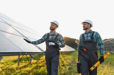 Güneş panellerini inceleyen, yeşil bir alanda sürdürülebilir güç üretimi üzerinde çalışan iki mühendis.