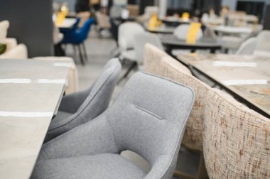 Modern chairs and dining tables arranged in a furniture store showroom, presenting contemporary interior design inspiration