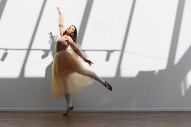 Genç balerin bir dans stüdyosunda pratik yapıyor, doğal ışıkla aydınlatılıyor, zarif hareketlerini ve bale tutkusunu sergiliyor.