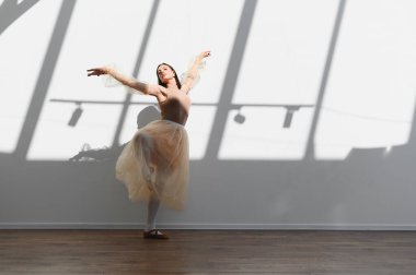 Bir dans stüdyosunda çalışan balerin, doğal ışıkla aydınlatılmış, duvarda zarif gölgeler yaratıyor.