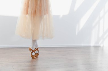 Balerin kız dans stüdyosunda bale çalışıyor, şeftali rengi etek ve bale ayakkabıları giyiyor, zarafet gösterip dans etmeye kendini adamış.