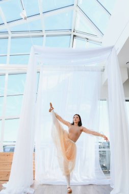 Zarif balerin, güneşli bir dans stüdyosunda mükemmel bir ayrılık gerçekleştiriyor. Zarif perdelerin arasında esneklik ve duruş sergiliyor.