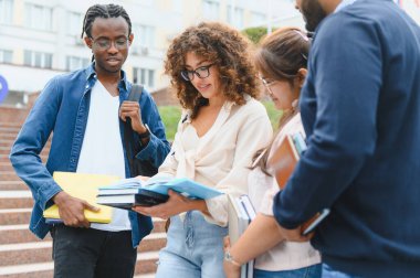 Group of diverse university students standing outdoors, discussing study materials and collaborating on an academic project