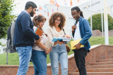 Group of multi ethnic university students discussing material and books while standing on outdoor campus steps