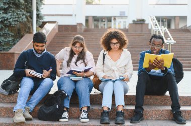 Çok ırklı üniversite öğrencilerinden oluşan bir grup açık havada oturup kitap okuyor ve okuyorlar. Eğitim, öğrenme ve çeşitliliği temsil eder