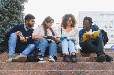 Bir grup çok ırklı öğrenci üniversite basamaklarında oturuyor, bir eğitim molası sırasında dışarıda iş birliği yapıyor ve kitap okuyor.