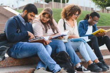 Granit basamaklarda oturan çok ırklı öğrencilerden oluşan bir grup, bir üniversite kampüsünde ders kitaplarına ve not defterlerine yoğunlaşıyorlar.