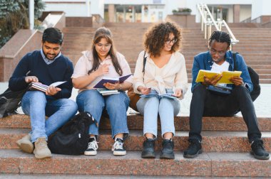 Group of multi ethnic students sitting on university stairs, reading books and studying outdoors. Learning and education concept