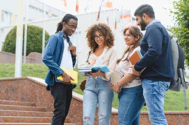 Multiracial group of university students interacting and smiling, carrying books and backpacks, representing learning concepts