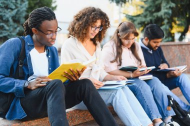 Diverse group of young students sitting outside, reading books and studying together near a university building