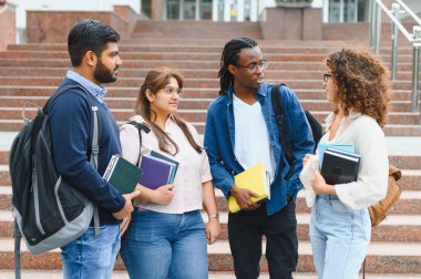 Group of diverse college students wearing backpacks and holding books, standing and discussing outdoors on steps