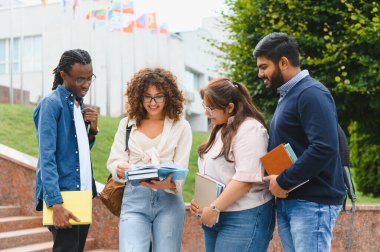 Group of diverse university students connecting, discussing, and learning from books on university campus, representing education and friendship