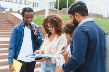 Group of multi ethnic university students standing together, discussing textbook content on campus outdoors, demonstrating teamwork and education