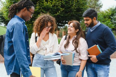Group of diverse university students holding books and backpacks, smiling and discussing while standing outdoors on campus
