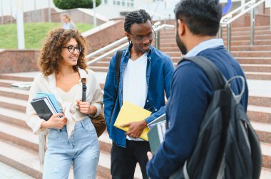 Diverse students holding books and backpacks, talking and smiling on university campus stairs. Global education and friendship concept