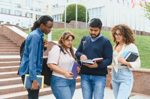 Çeşitli üniversite öğrencilerinden oluşan bir grup iş birliği yapıyor, eğitim materyallerini tartışıyor ve bir eğitim binasının dışında yürüyorlar.