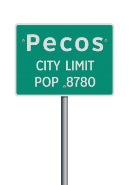 Vector illustration of the Pecos (Texas) City Limit green road sign on metallic post