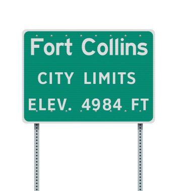 Fort Collins (Colorado) şehrinin vektör illüstrasyonu metalik direkler üzerindeki yeşil yol işaretini sınırlıyor