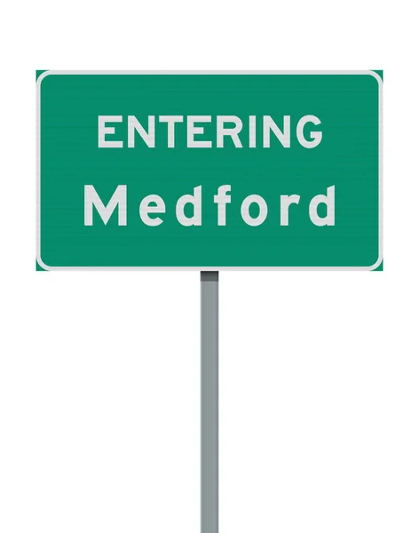 Векторная Иллюстрация Въезда Медфорд Орегон Зеленый Дорожный Знак Металлическом Столбе — стоковый вектор