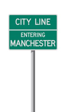 Manchester 'ın vektör illüstrasyonu (New Hampshire) Metalik direğin üzerindeki Şehir Sınırı yeşil yol tabelasına giriliyor