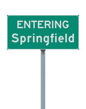 Springfield girişinin vektör illüstrasyonu (Massachusetts) Metalik posta üzerindeki şehir sınırı yeşil yol tabelası