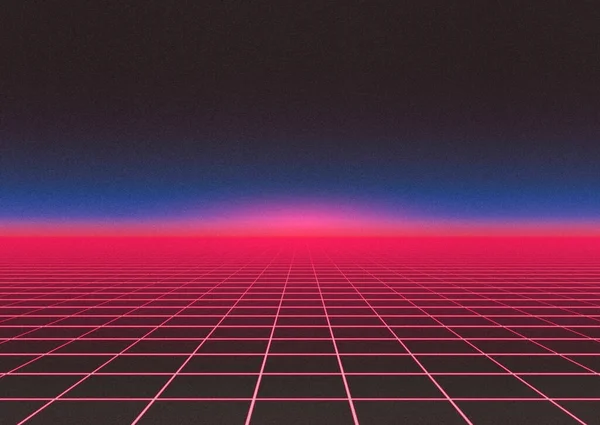 Hintergrund Eines Roten Neonrasters Mit Blauem Horizont Und Retro Korn — Stockfoto