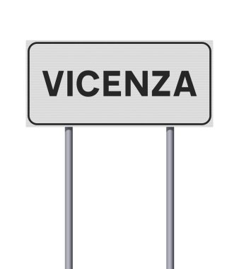 Metalik yapı üzerindeki beyaz yol tabelasına Vicenza şehrinin (İtalya) vektör illüstrasyonu