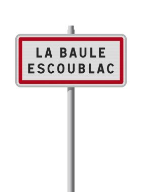 Metalik direğin üzerindeki La Baule-Escoublac (Fransa) giriş yolu tabelasının vektör illüstrasyonu