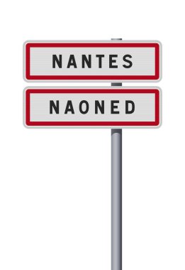 Metalik direğin üzerindeki Breton (Fransa) giriş levhasında bulunan Nantes şehrinin vektör illüstrasyonu