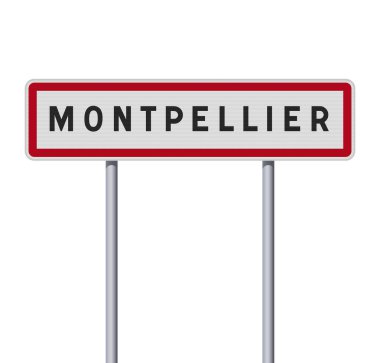 Metalik kutuplarda Montpellier (Fransa) giriş yolu işaretinin vektör illüstrasyonu