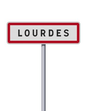 Metalik direğin üzerindeki Lourdes (Fransa) giriş yolu işaretinin vektör illüstrasyonu