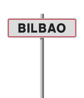 Metalik direğin üzerindeki Bilbao (İspanya) giriş yolu işaretinin vektör illüstrasyonu