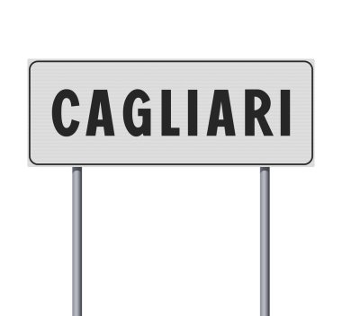 Metalik kutuplardaki beyaz yol tabelasına Cagliari (İtalya) şehrinin vektör illüstrasyonu