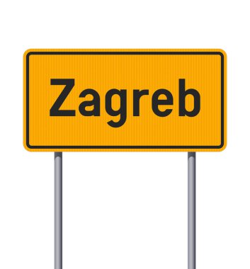 Zagreb (Hırvatistan) kentinin metalik kutuplardaki sarı yol işaretinin vektör illüstrasyonu