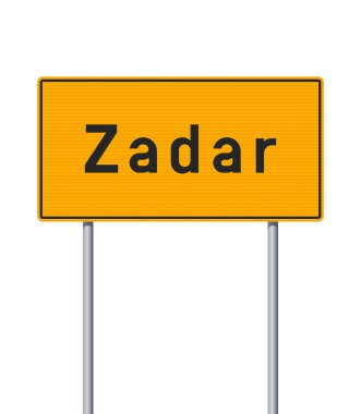 Metalik kutuplarda Zadar kentinin (Hırvatistan) giriş sarı yol işaretinin vektör illüstrasyonu