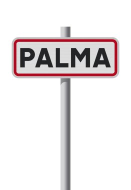 Metalik direğin üzerindeki Palma şehrinin (İspanya) giriş yolu işaretinin vektör illüstrasyonu