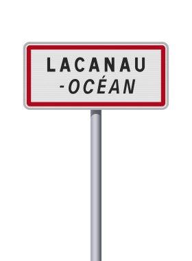 Metalik direğin üzerindeki Lacanau Okyanusu 'nun (Fransa) şehir giriş yolu tabelasının vektör ilülasyonu